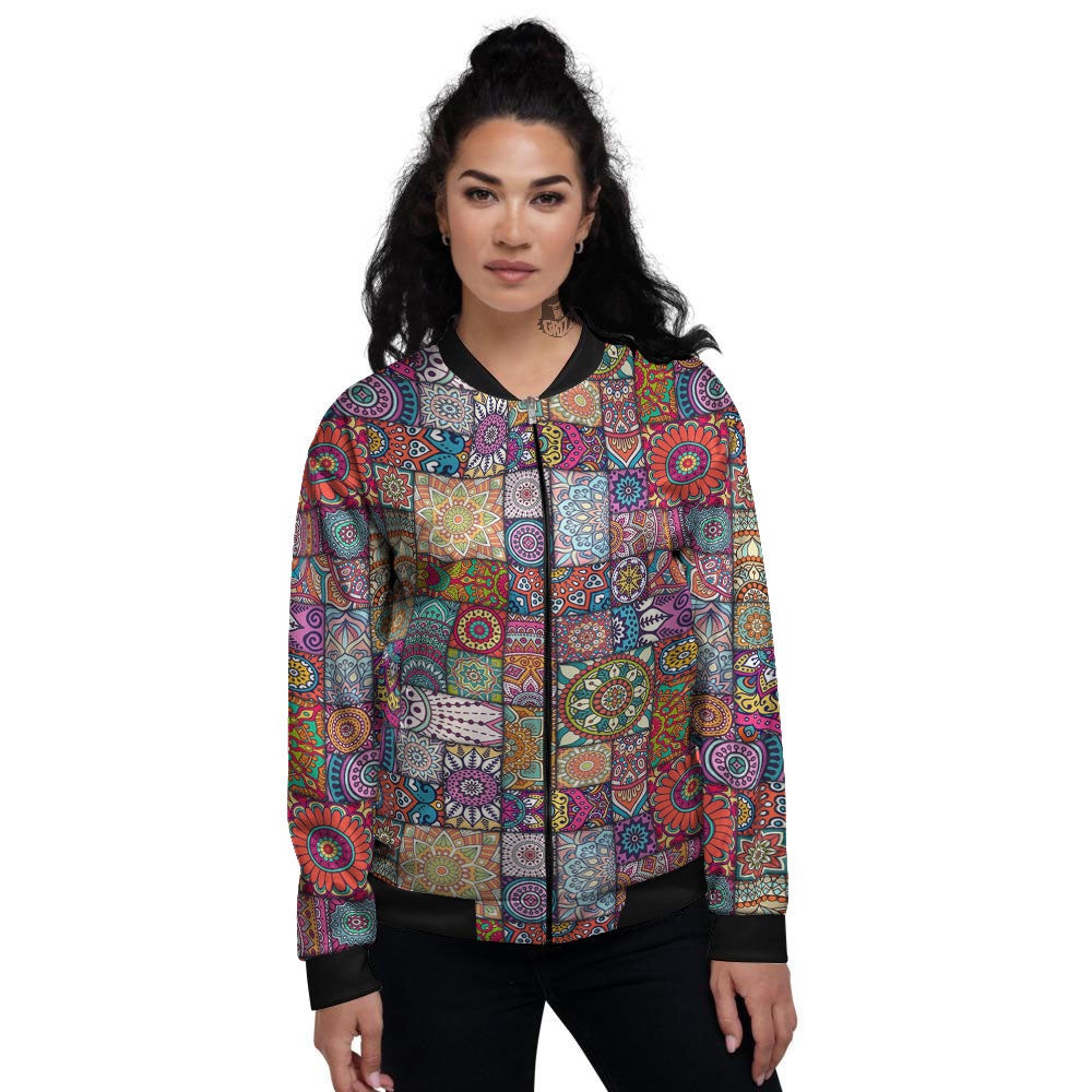 Bohemian Mandala Tile Print Pattern Women's Bomber Jacket-grizzshop