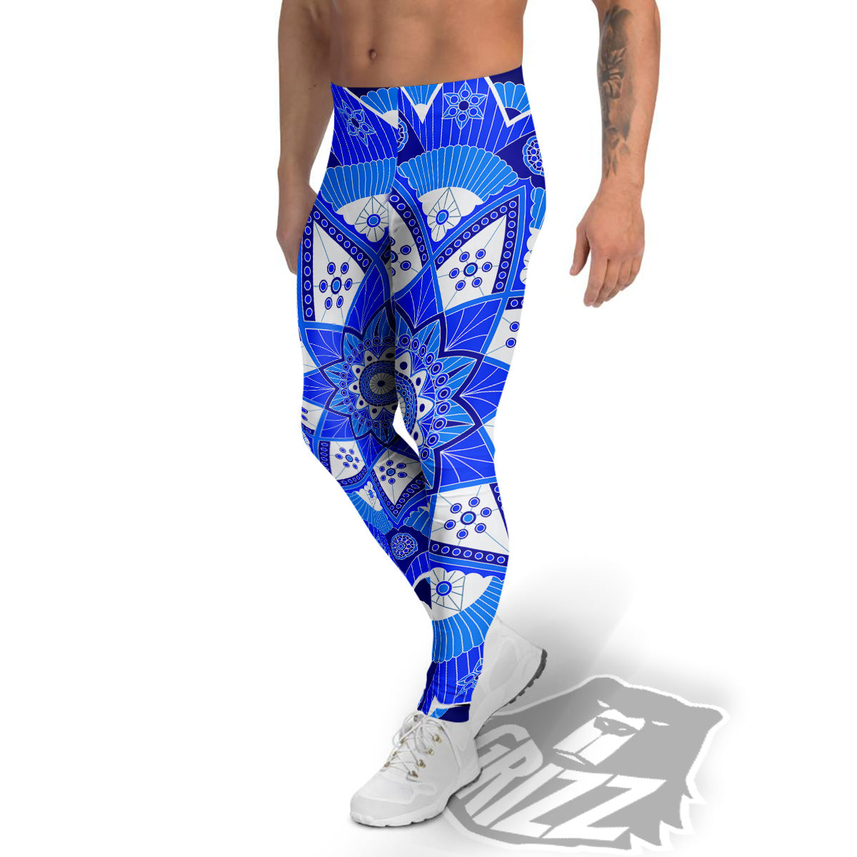 Bohemian Mandala White And Blue Print Men's Leggings-grizzshop