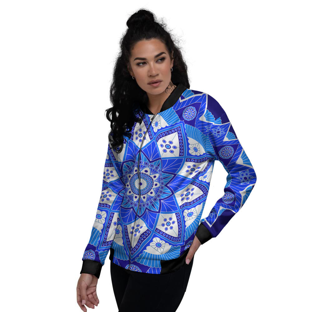 Bohemian Mandala White And Blue Print Women's Bomber Jacket-grizzshop