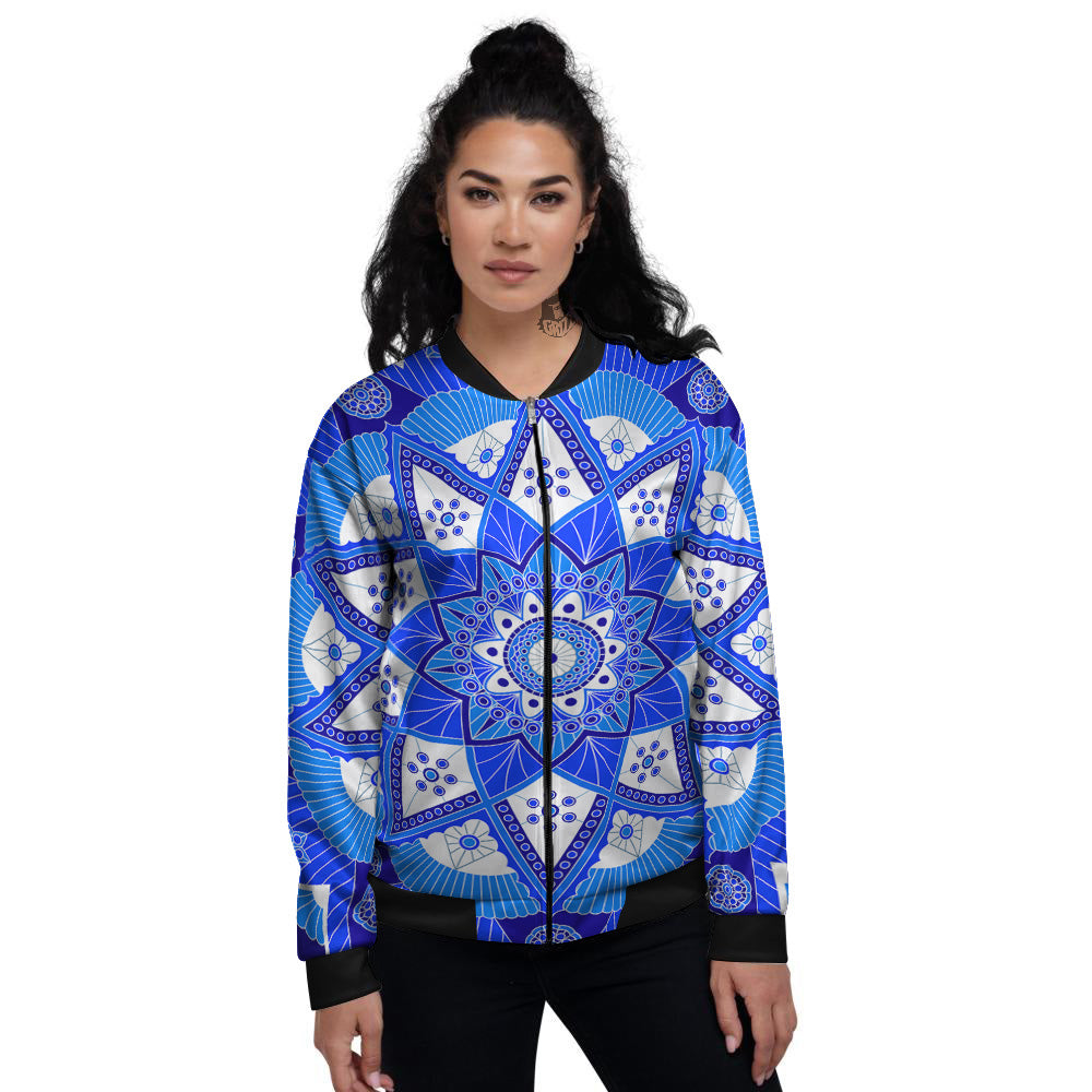 Bohemian Mandala White And Blue Print Women's Bomber Jacket-grizzshop