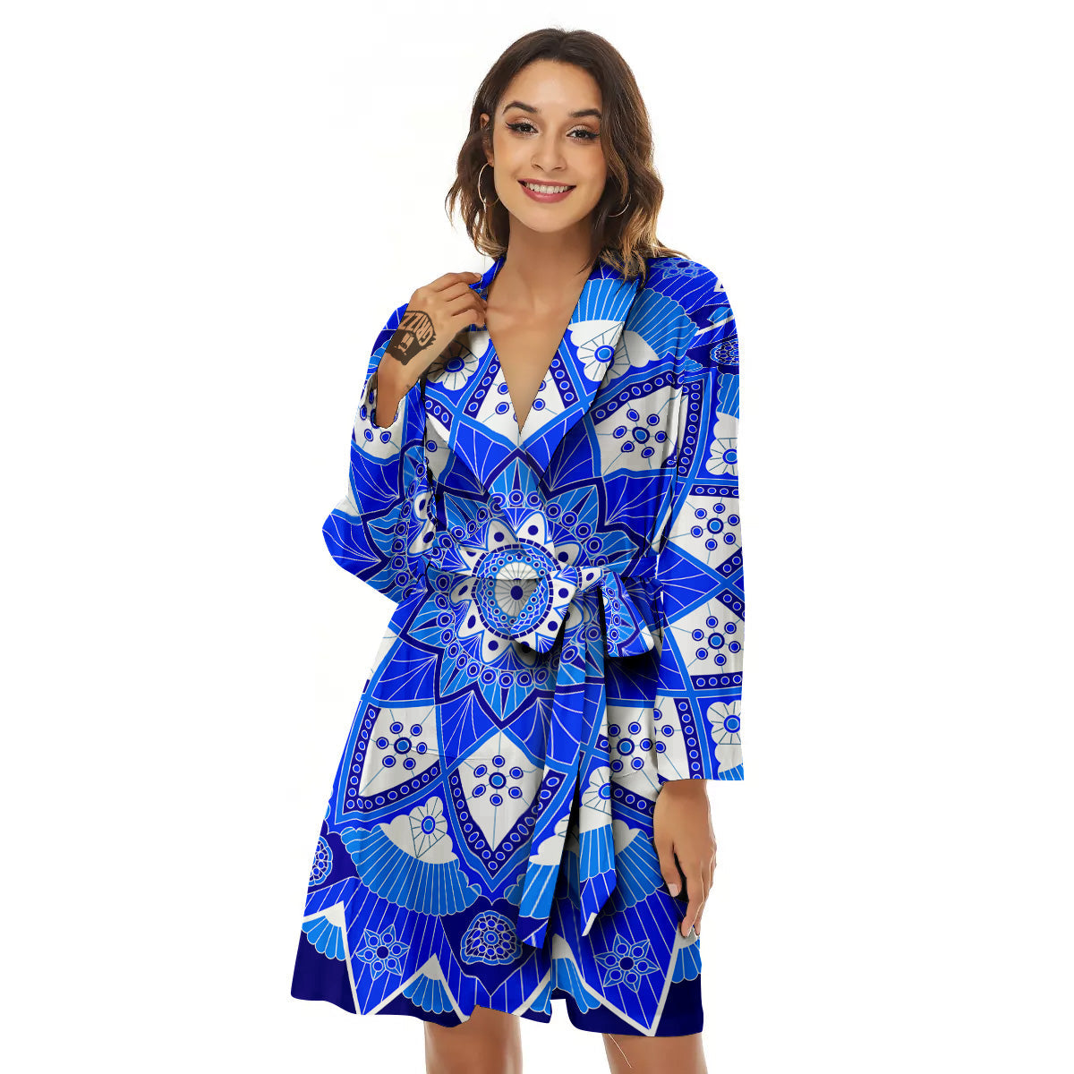 Bohemian Mandala White And Blue Print Women's Robe-grizzshop