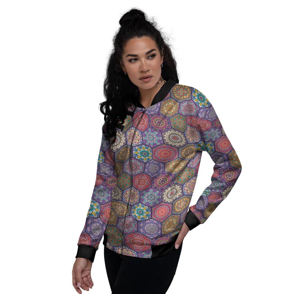 Bohemian Oriental Mandala Print Pattern Women's Bomber Jacket-grizzshop