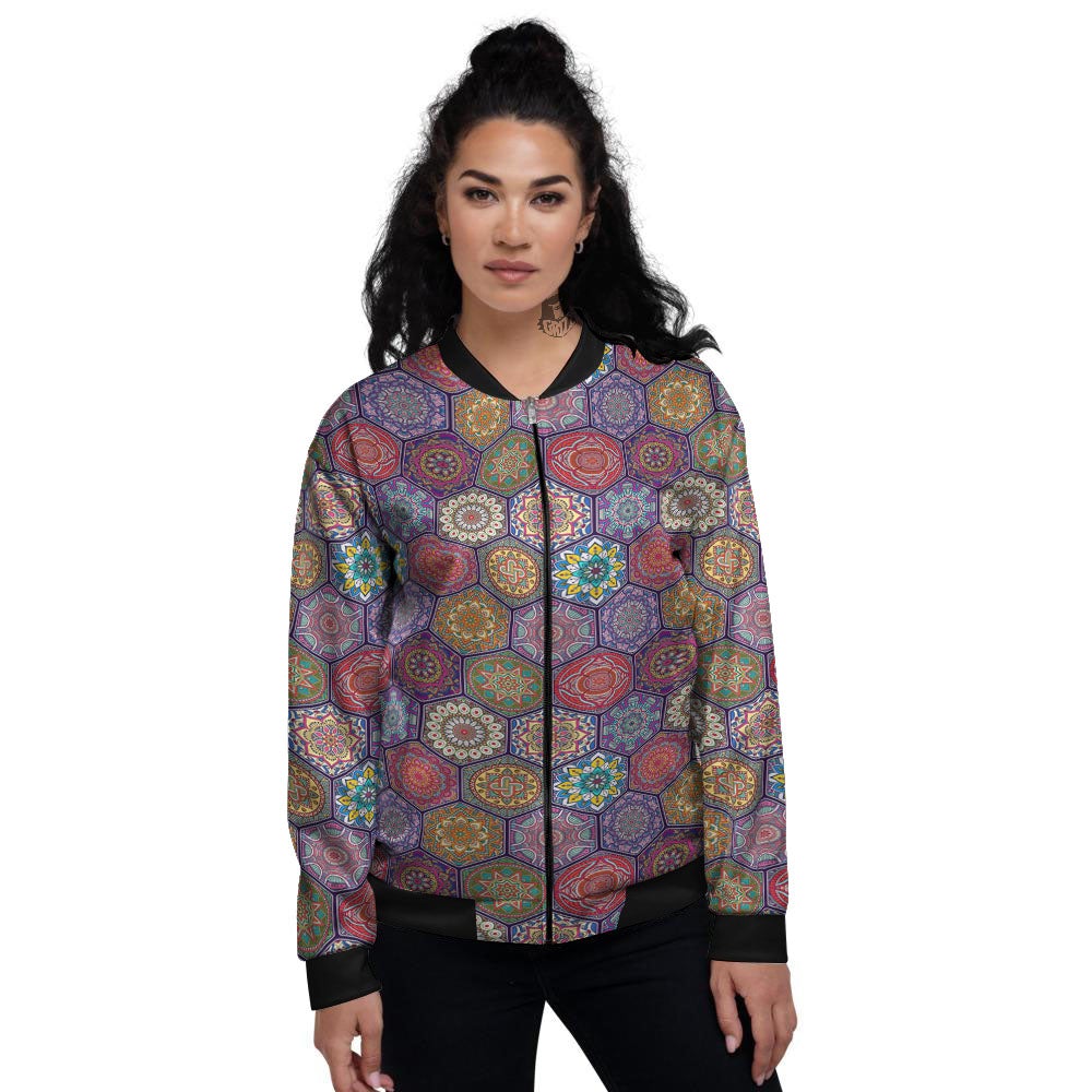 Bohemian Oriental Mandala Print Pattern Women's Bomber Jacket-grizzshop