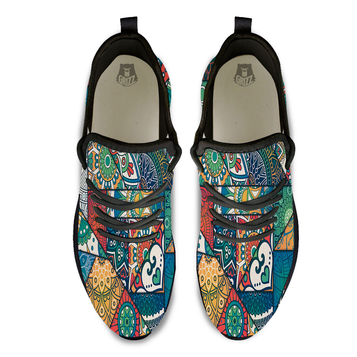 Bohemian Patchwork Mandala Print Pattern Black Athletic Shoes-grizzshop