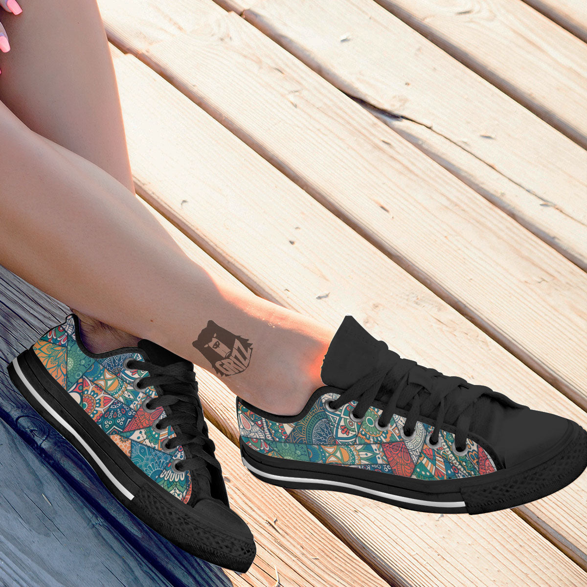 Bohemian Patchwork Mandala Print Pattern Black Low Top Shoes-grizzshop