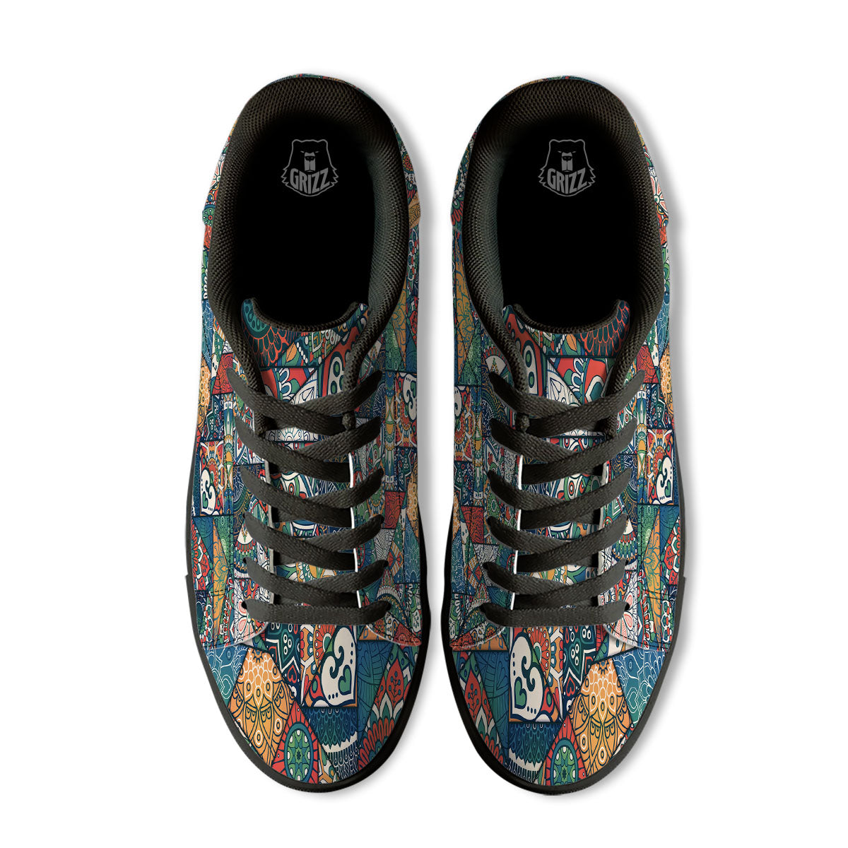 Bohemian Patchwork Mandala Print Pattern Black Low Top Sneakers-grizzshop