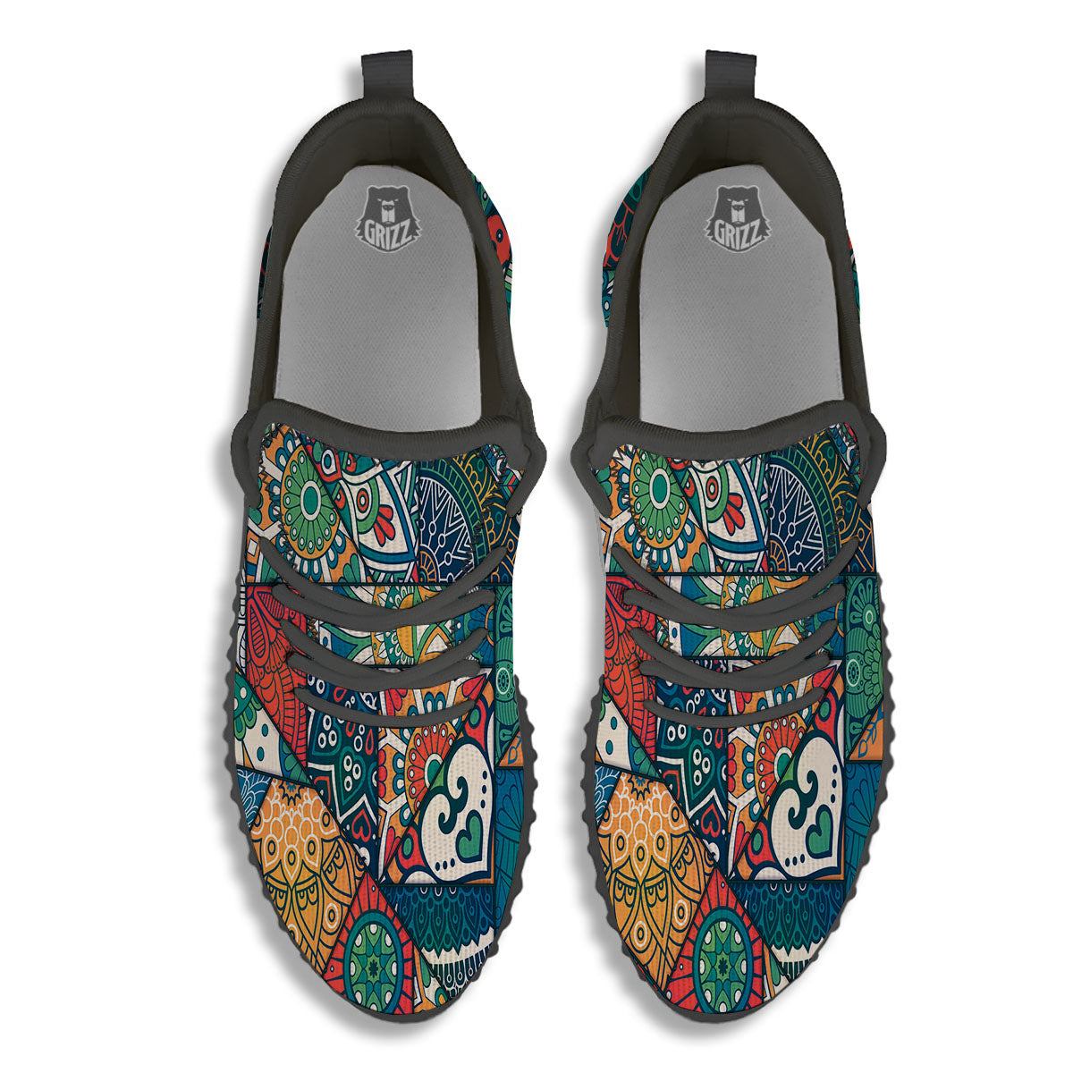 Bohemian Patchwork Mandala Print Pattern Black Walking Shoes-grizzshop