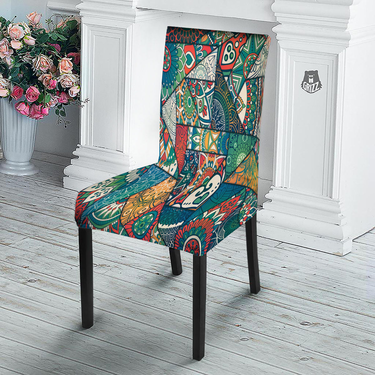 Bohemian Patchwork Mandala Print Pattern Dining Chair Slipcover-grizzshop