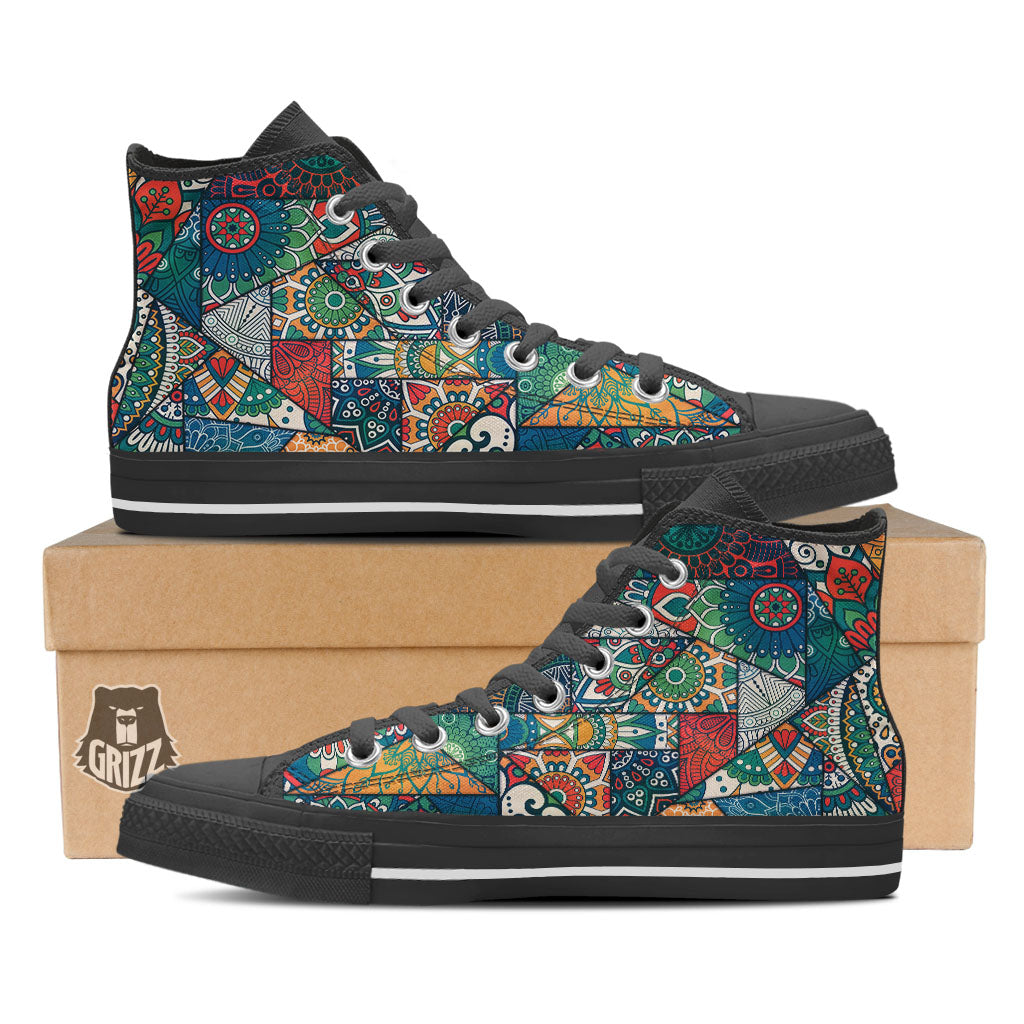 Bohemian Patchwork Mandala Print Pattern High Top Shoes-grizzshop