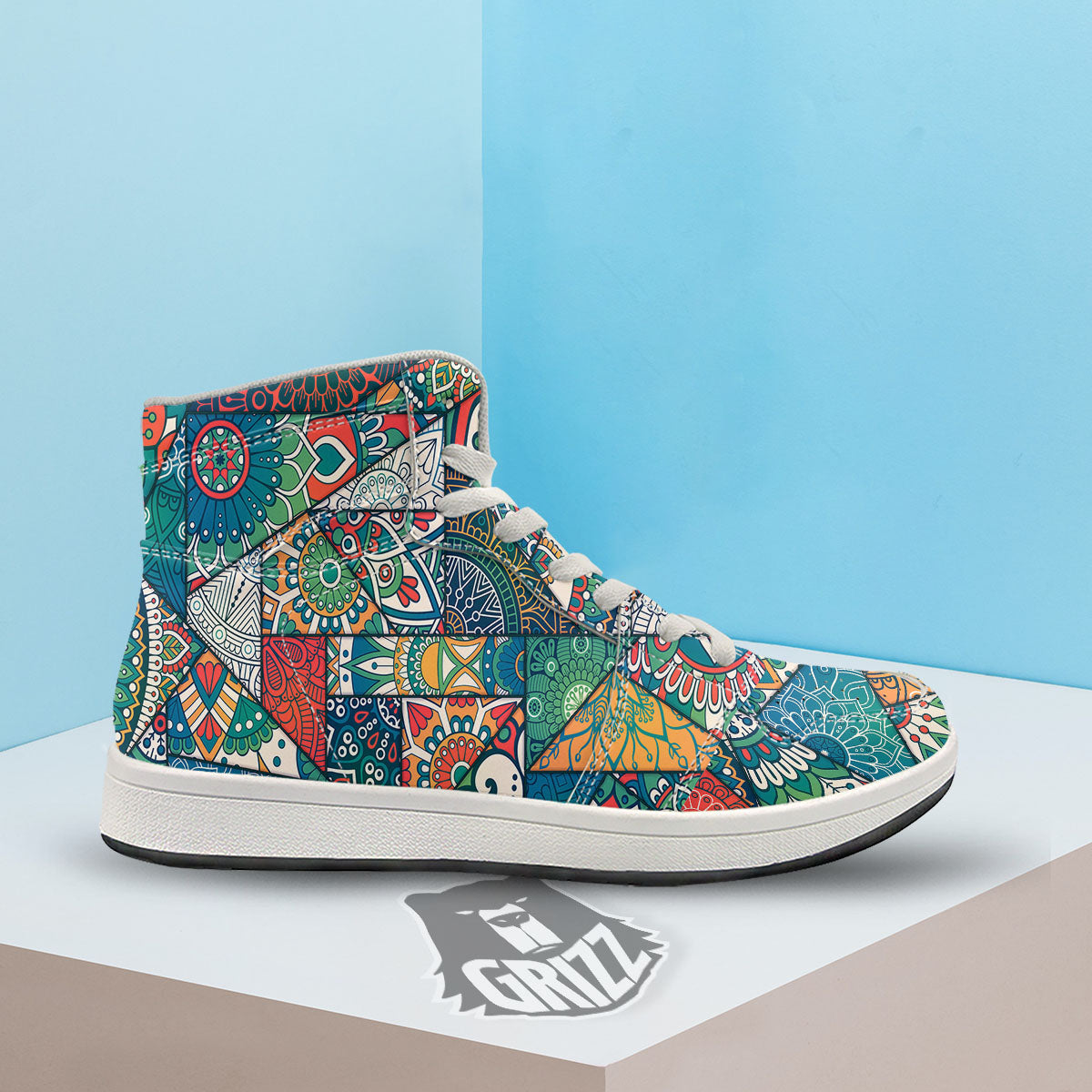 Bohemian Patchwork Mandala Print Pattern High Top Sneakers-grizzshop