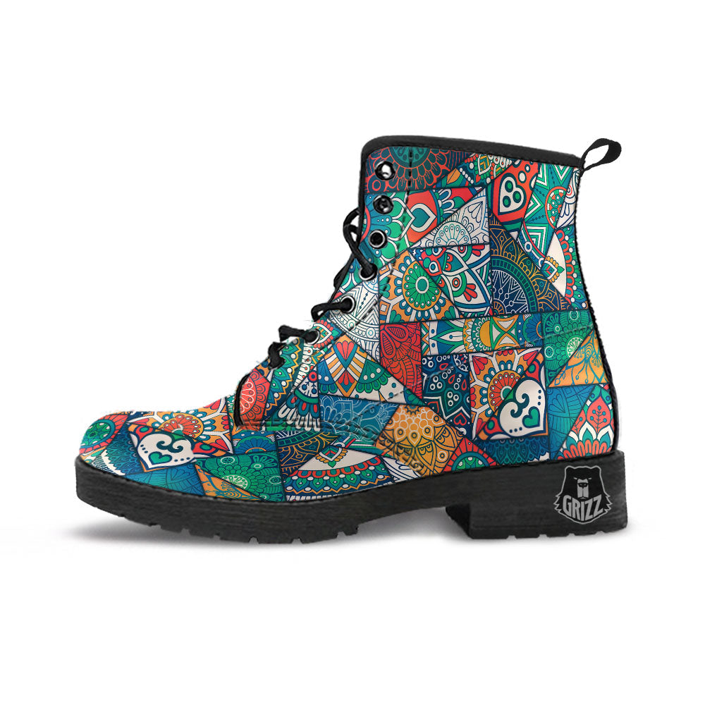 Bohemian Patchwork Mandala Print Pattern Leather Boots-grizzshop