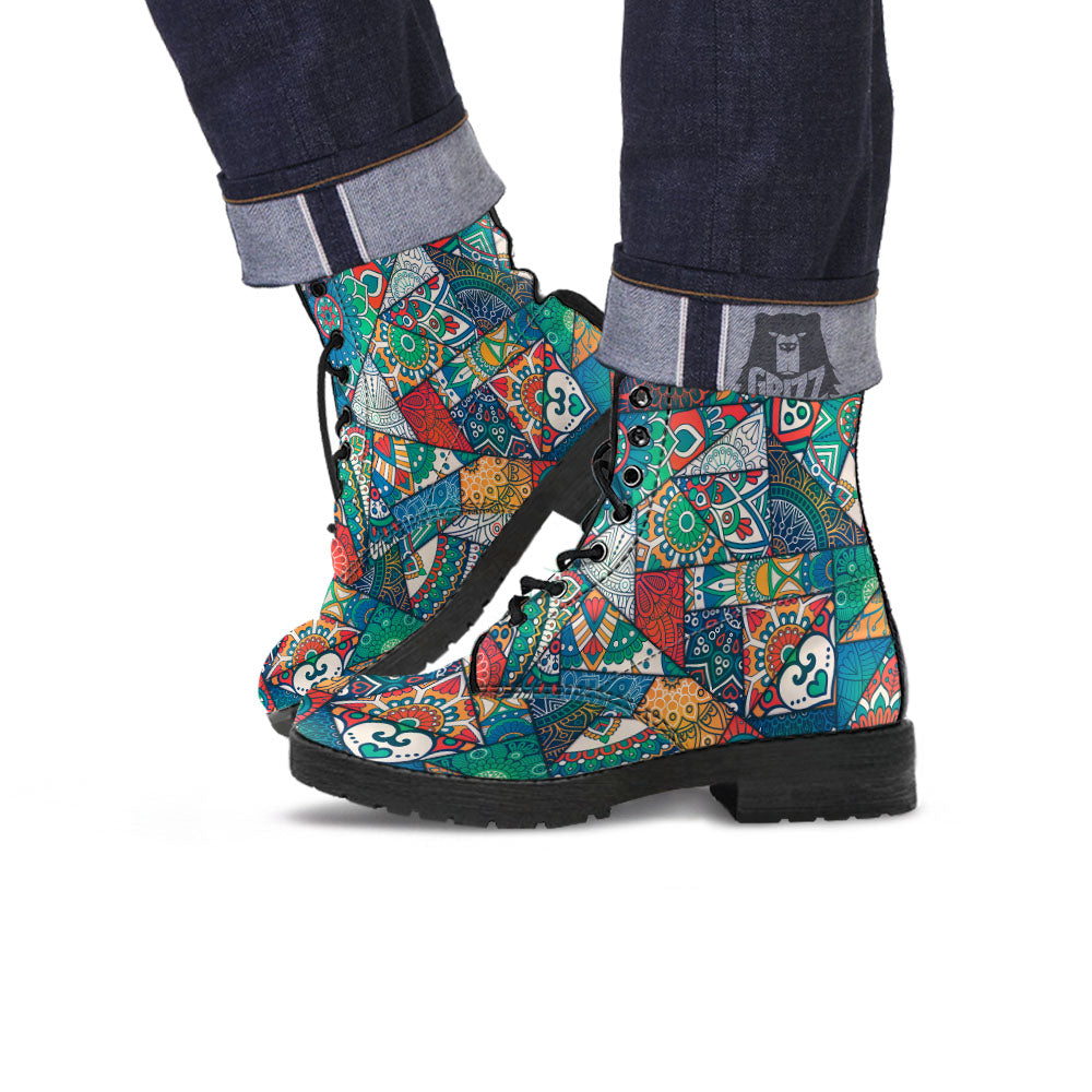 Bohemian Patchwork Mandala Print Pattern Leather Boots-grizzshop