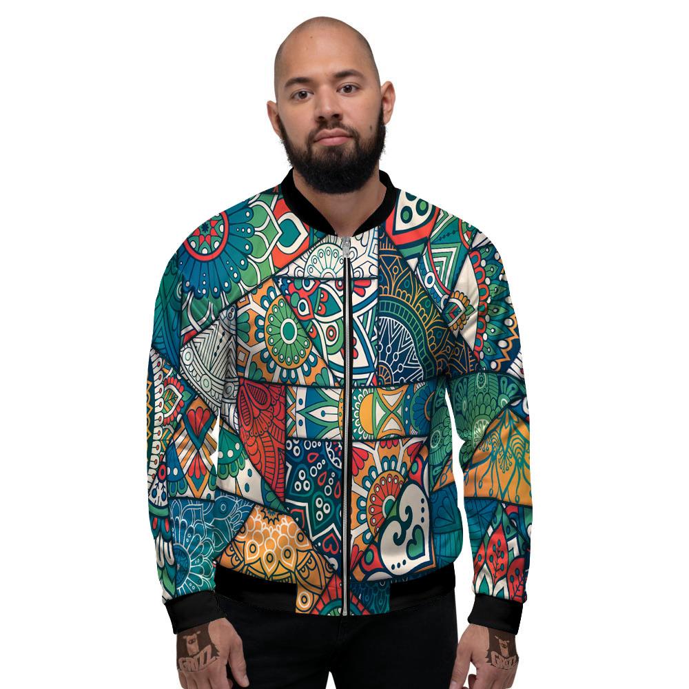 Bohemian Patchwork Mandala Print Pattern Men's Bomber Jacket-grizzshop