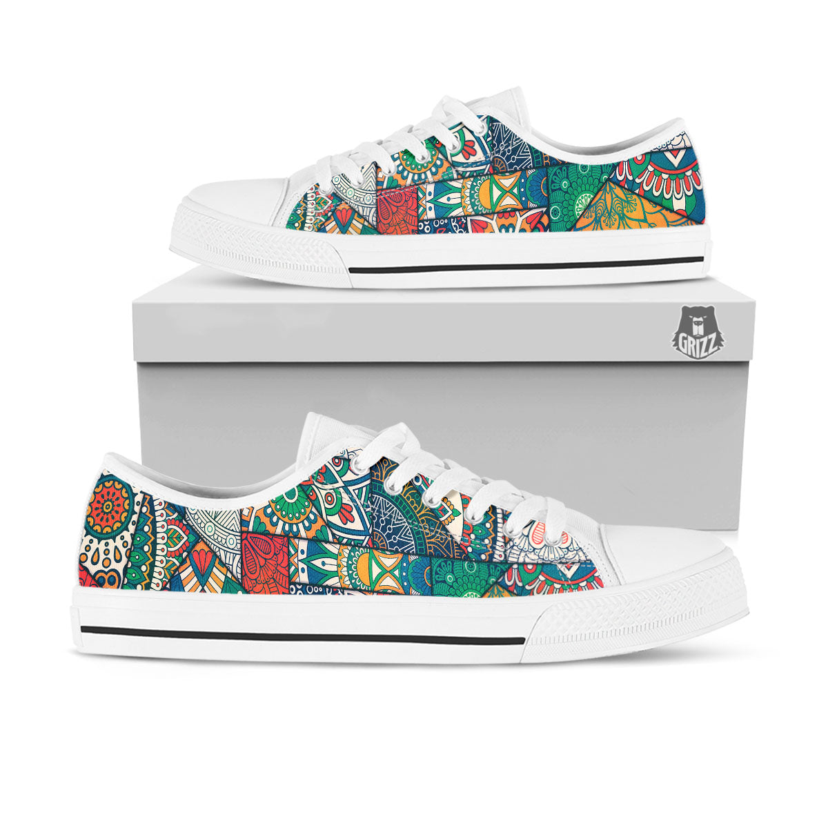 Bohemian Patchwork Mandala Print Pattern White Low Top Shoes-grizzshop