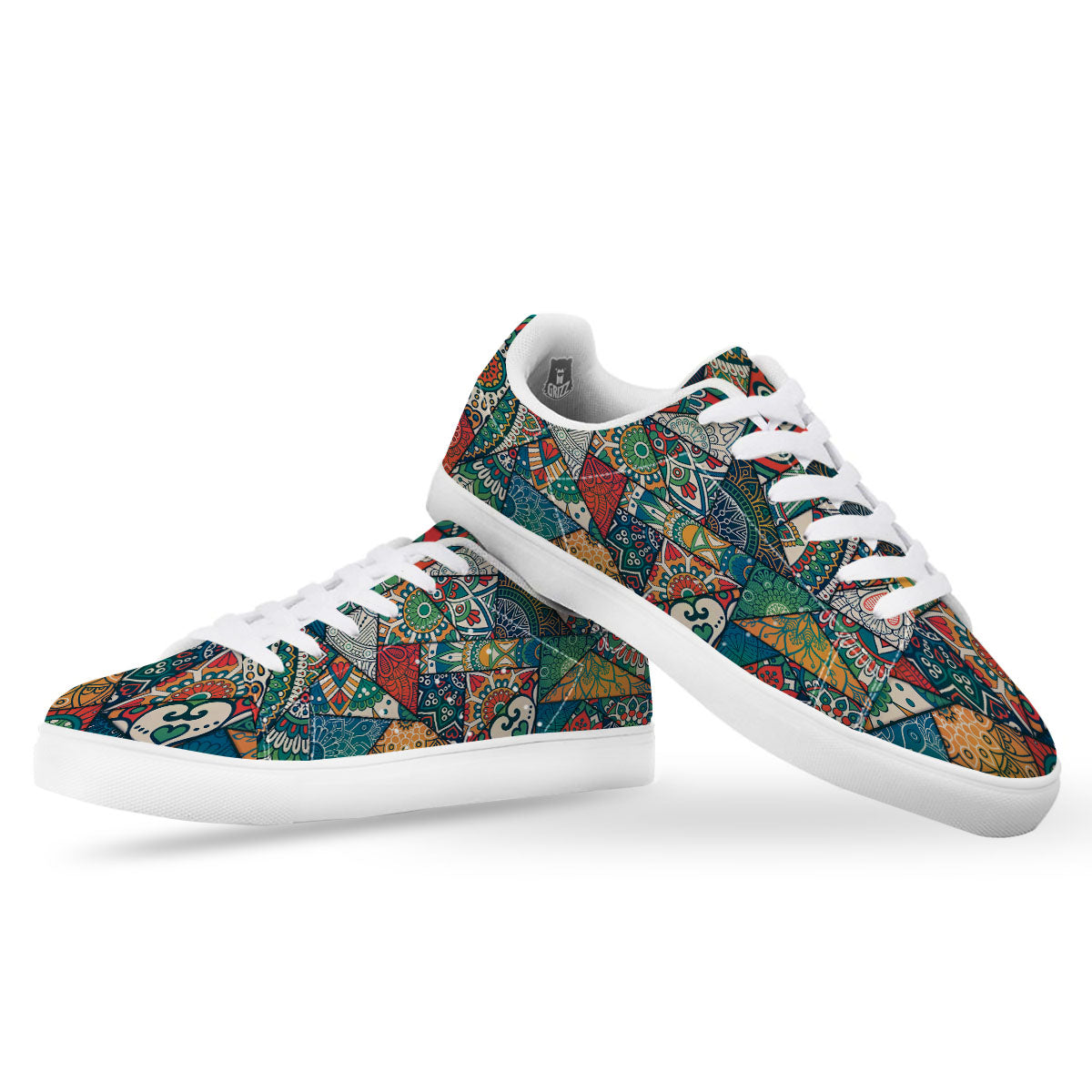 Bohemian Patchwork Mandala Print Pattern White Low Top Sneakers-grizzshop