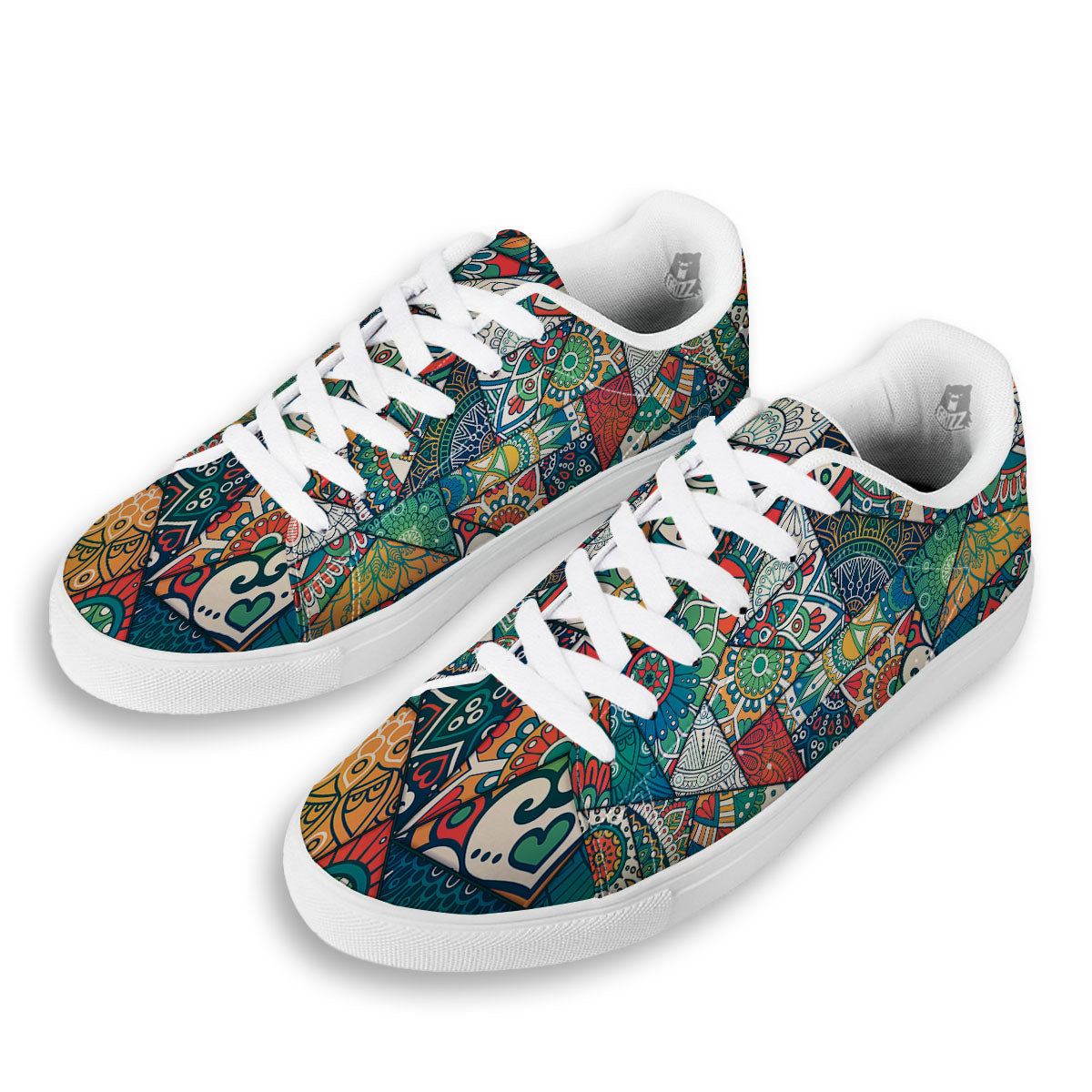 Bohemian Patchwork Mandala Print Pattern White Low Top Sneakers-grizzshop