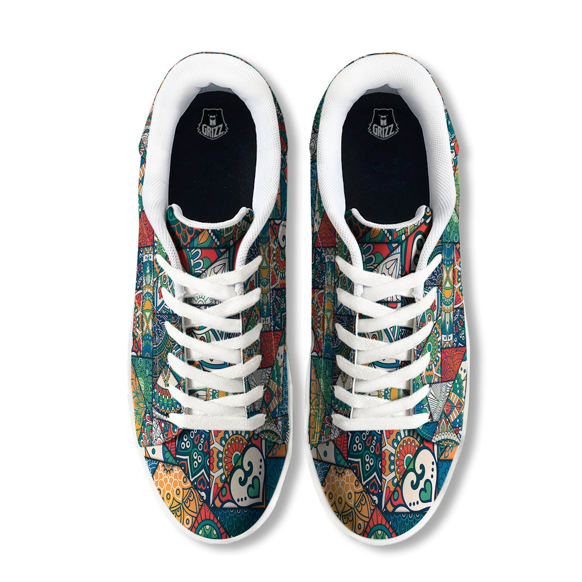 Bohemian Patchwork Mandala Print Pattern White Low Top Sneakers-grizzshop
