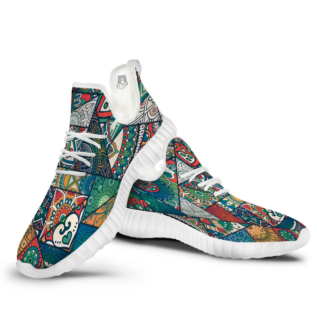 Bohemian Patchwork Mandala Print Pattern White Walking Shoes-grizzshop
