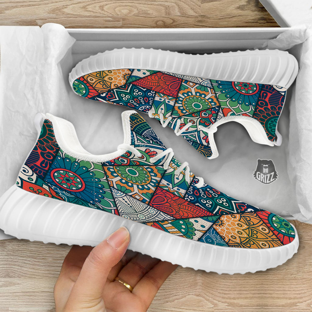 Bohemian Patchwork Mandala Print Pattern White Walking Shoes-grizzshop