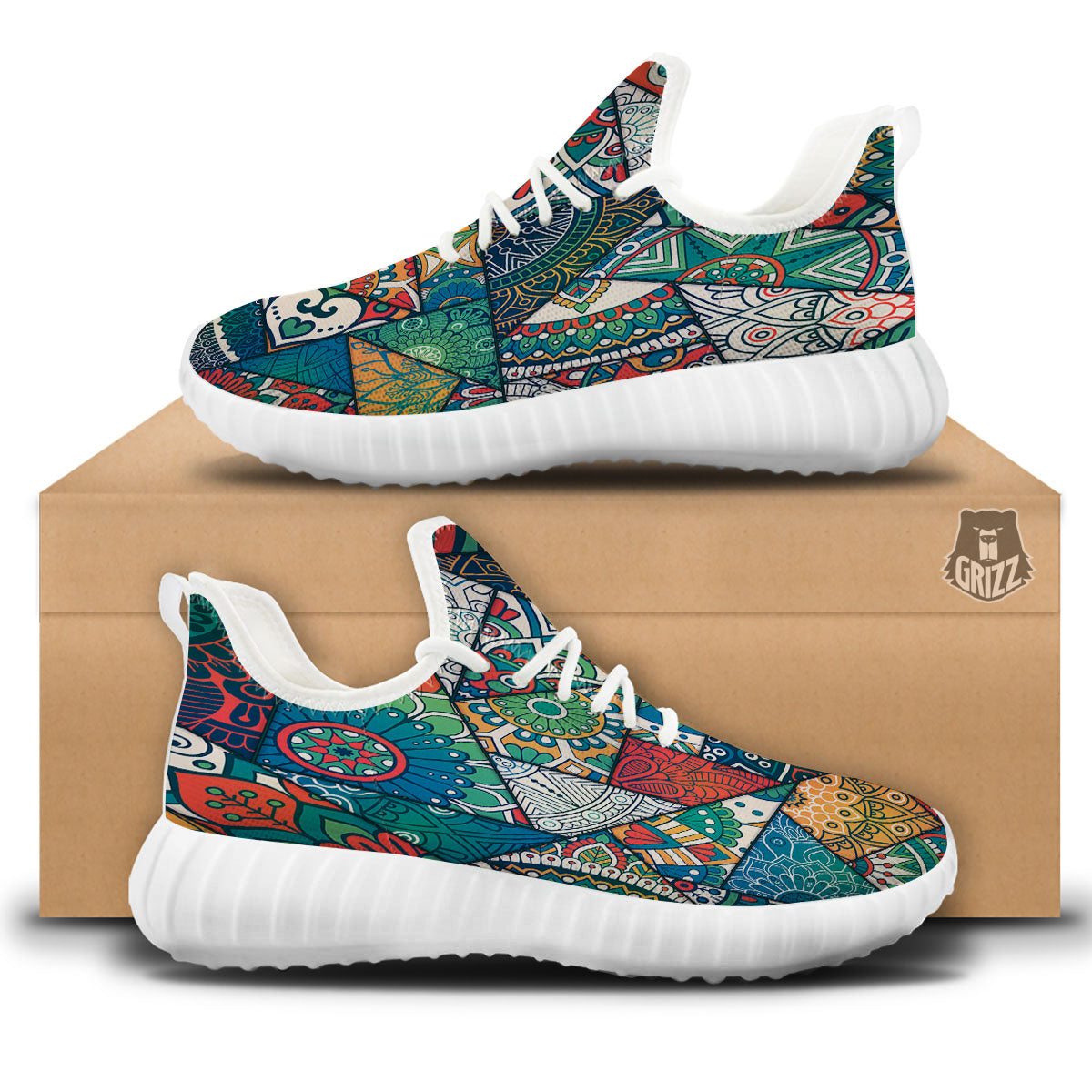 Bohemian Patchwork Mandala Print Pattern White Walking Shoes-grizzshop