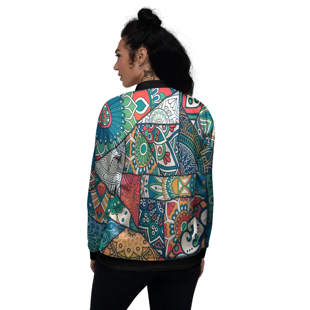Bohemian Patchwork Mandala Print Pattern Women's Bomber Jacket-grizzshop
