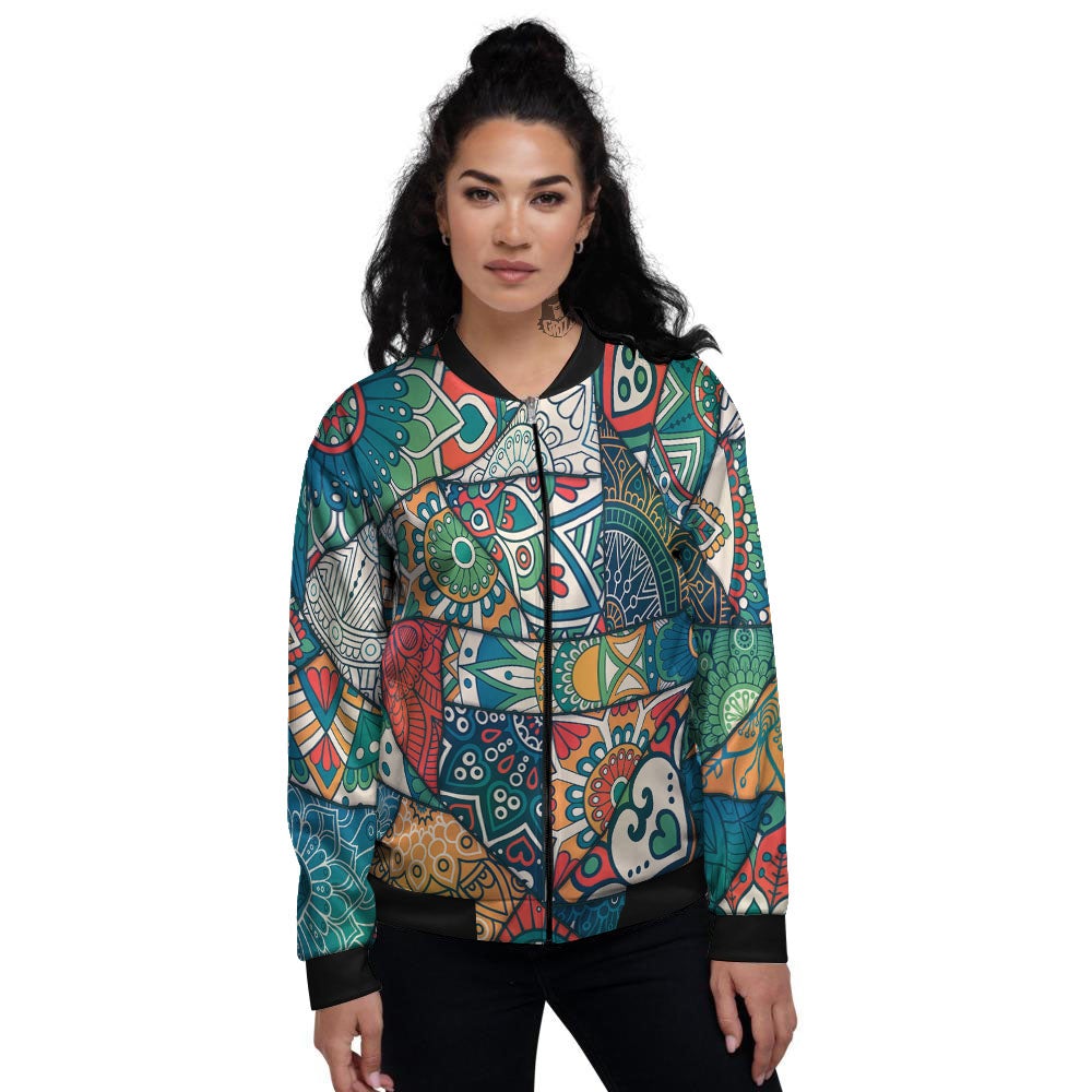 Bohemian Patchwork Mandala Print Pattern Women's Bomber Jacket-grizzshop