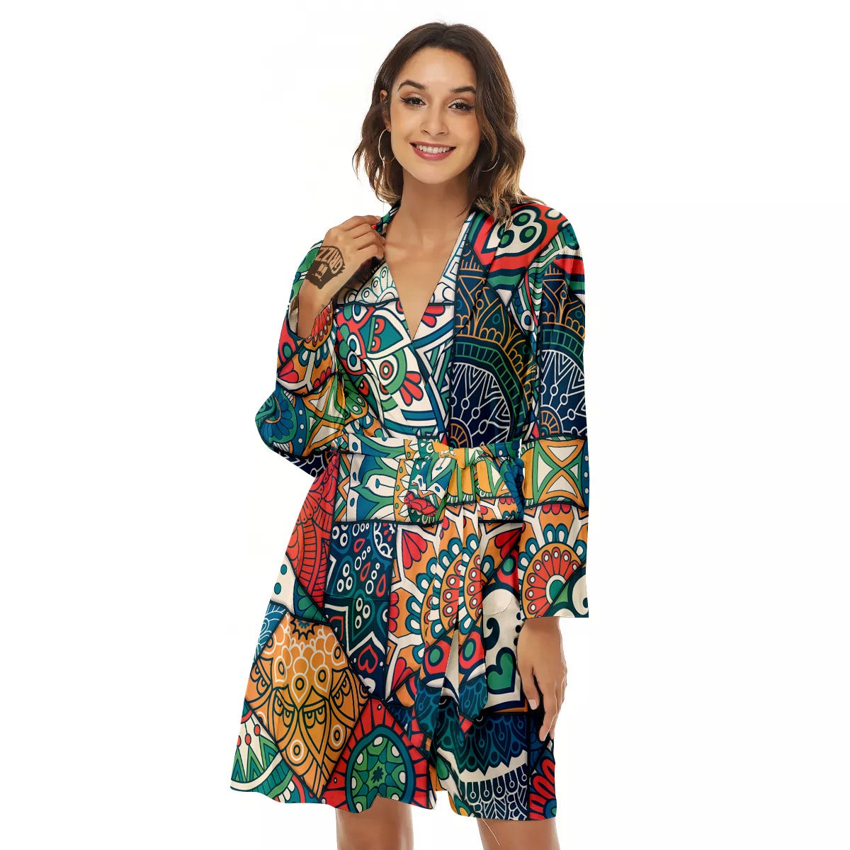 Bohemian Patchwork Mandala Print Pattern Women's Robe-grizzshop