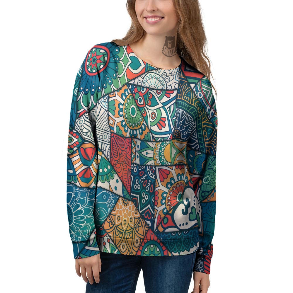 Bohemian Patchwork Mandala Print Pattern Women's Sweatshirt-grizzshop