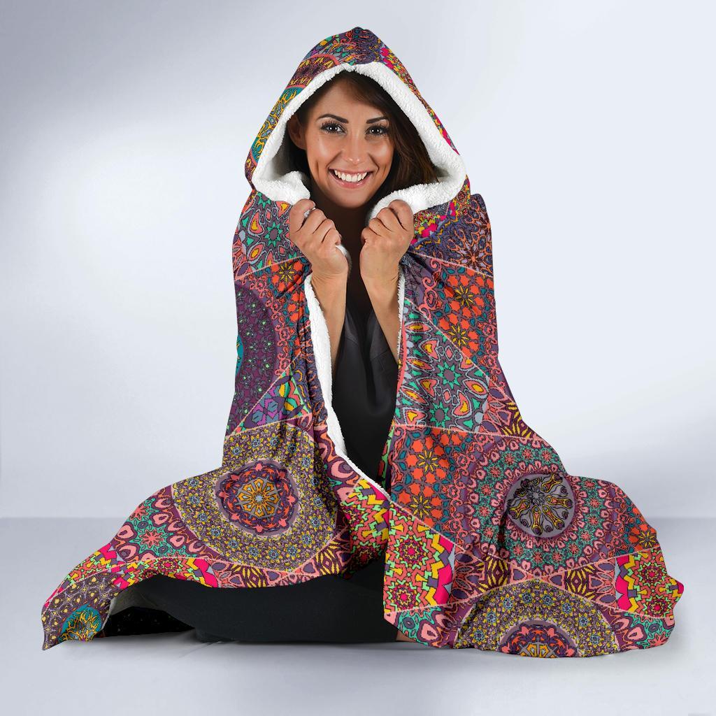 Bohemian Patchwork Pattern Print Hooded Blanket-grizzshop