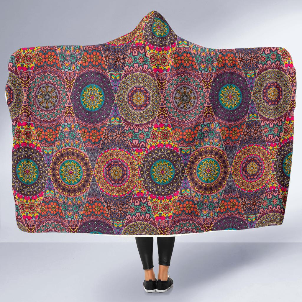 Bohemian Patchwork Pattern Print Hooded Blanket-grizzshop