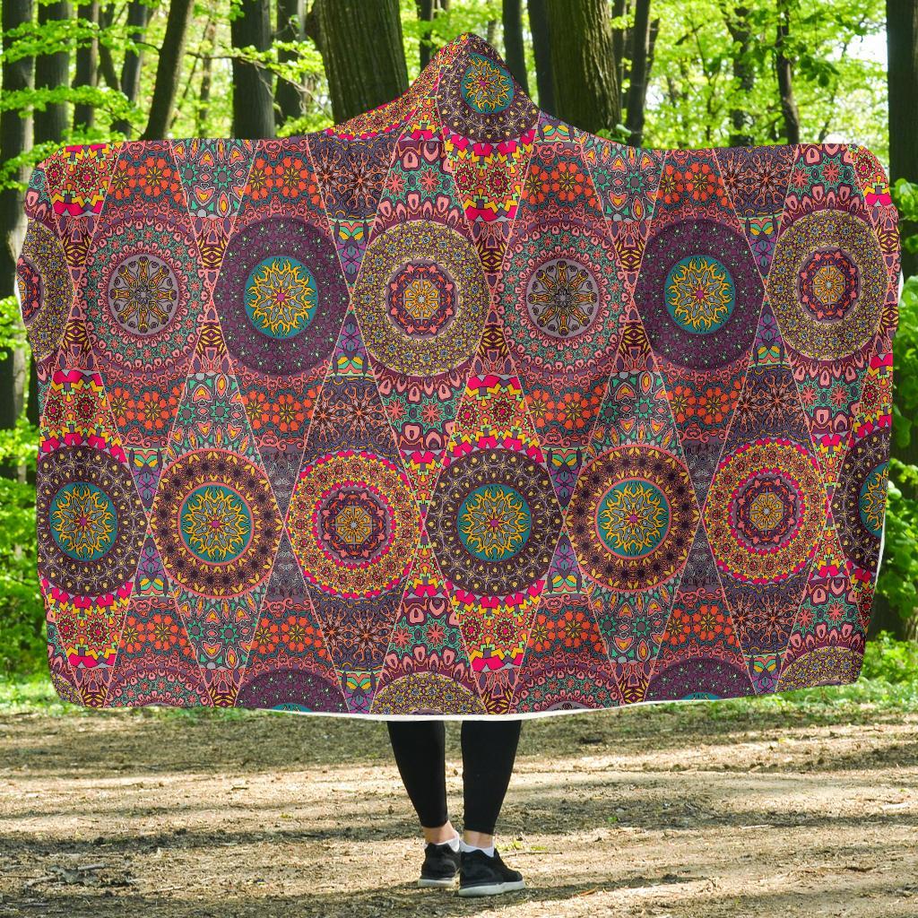 Bohemian Patchwork Pattern Print Hooded Blanket-grizzshop