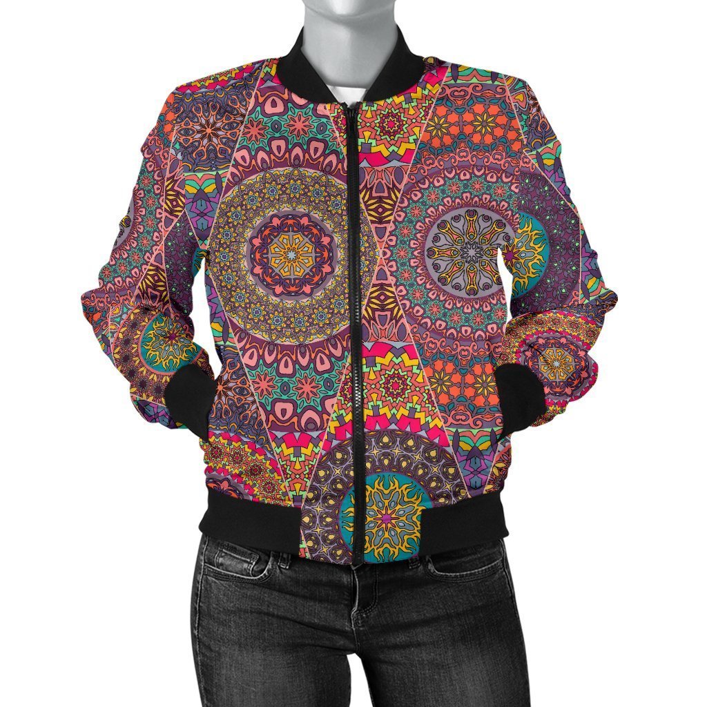 Bohemian Patchwork Pattern Print Women Casual Bomber Jacket-grizzshop