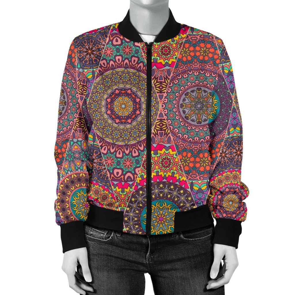 Bohemian Patchwork Pattern Print Women Casual Bomber Jacket-grizzshop