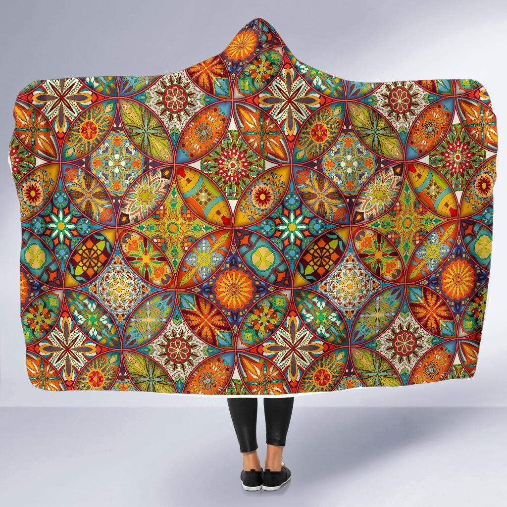Bohemian Patchwork Print Pattern Hooded Blanket-grizzshop