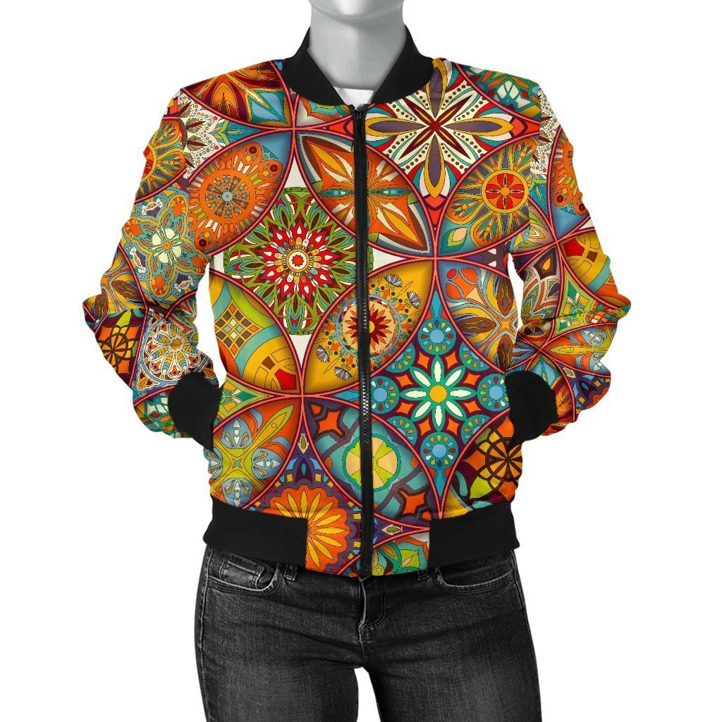 Bohemian Patchwork Print Pattern Women Casual Bomber Jacket-grizzshop