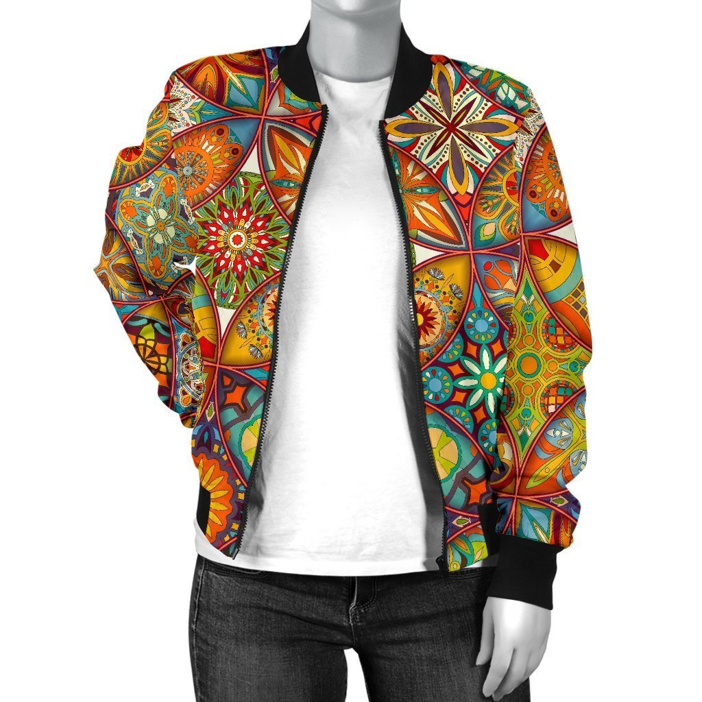 Bohemian Patchwork Print Pattern Women Casual Bomber Jacket-grizzshop