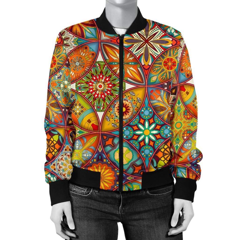 Bohemian Patchwork Print Pattern Women Casual Bomber Jacket-grizzshop