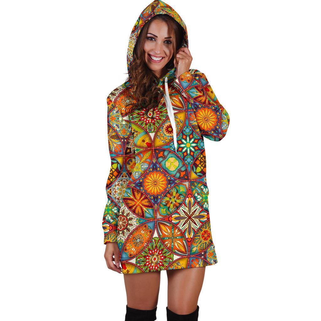 Bohemian Patchwork Print Pattern Women Hoodie Dress-grizzshop