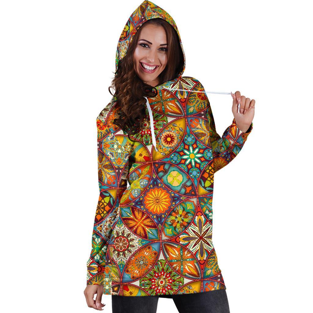 Bohemian Patchwork Print Pattern Women Hoodie Dress-grizzshop