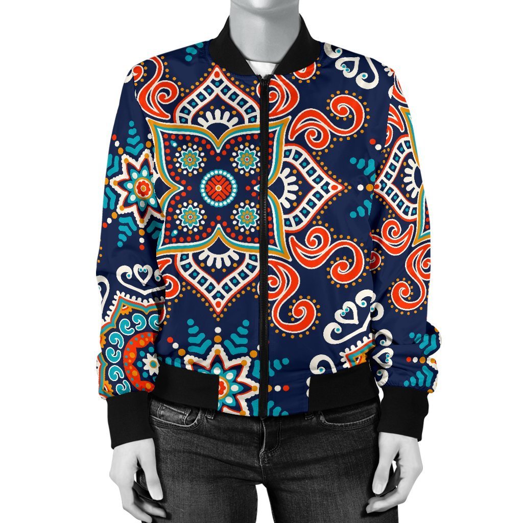 Bohemian Pattern Print Women Casual Bomber Jacket-grizzshop