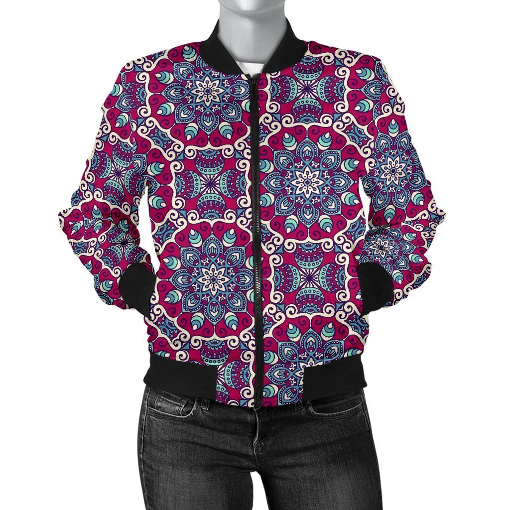 Bohemian Print Pattern Women Casual Bomber Jacket-grizzshop