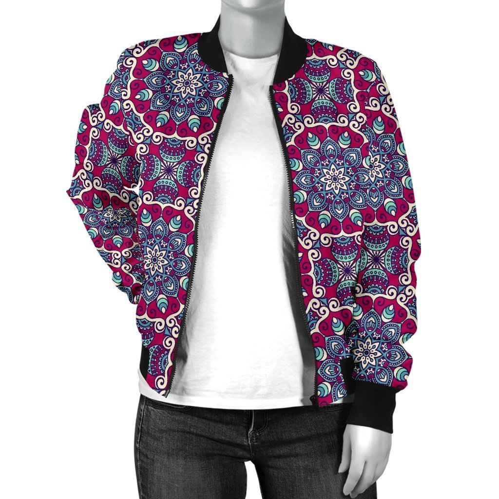 Bohemian Print Pattern Women Casual Bomber Jacket-grizzshop