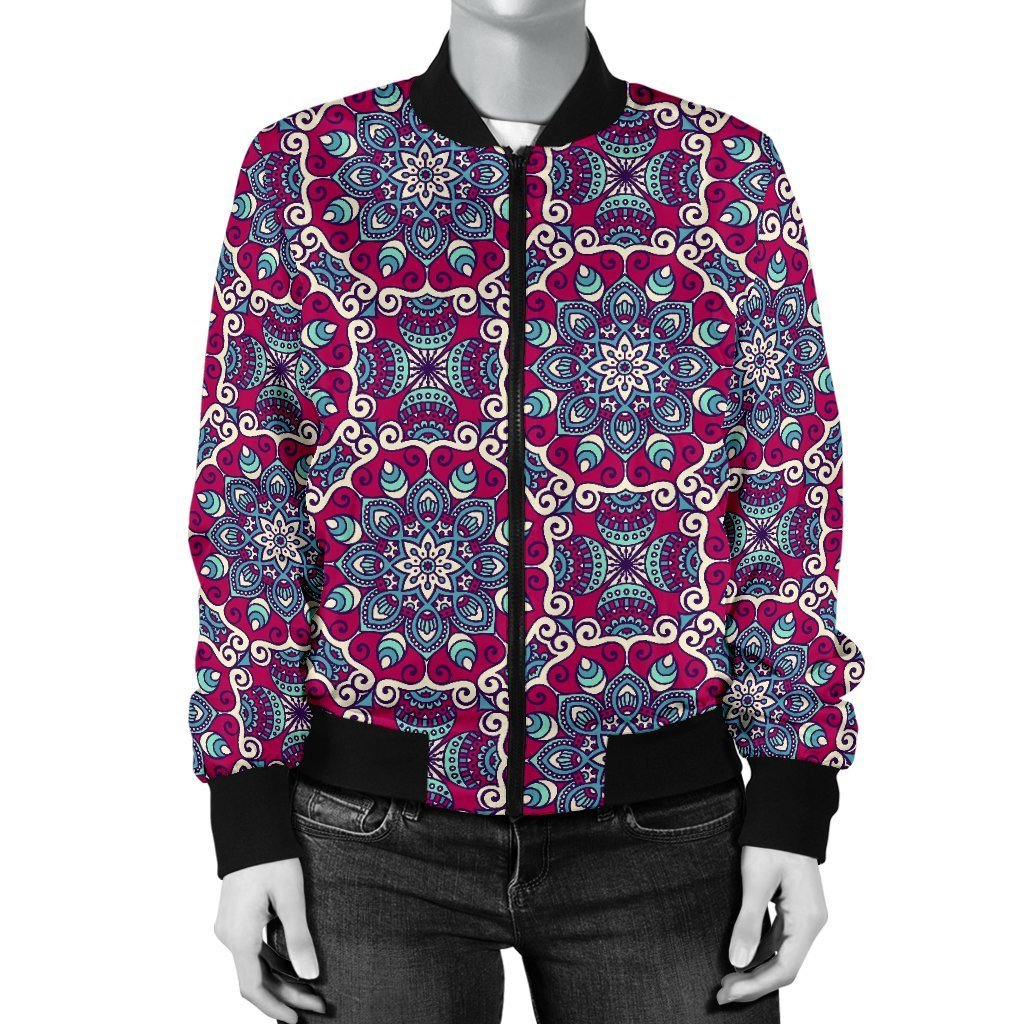 Bohemian Print Pattern Women Casual Bomber Jacket-grizzshop