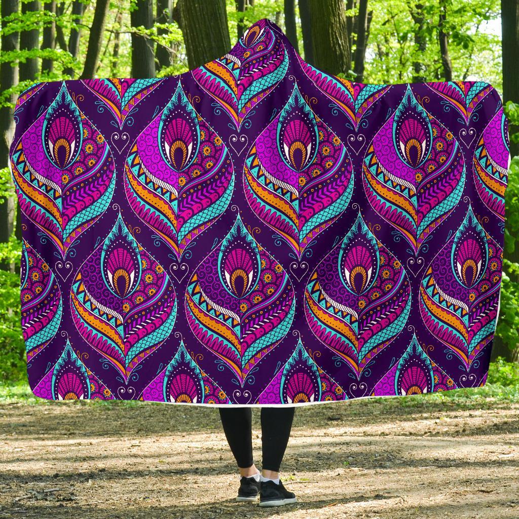 Bohemian Purple Pattern Print Hooded Blanket-grizzshop