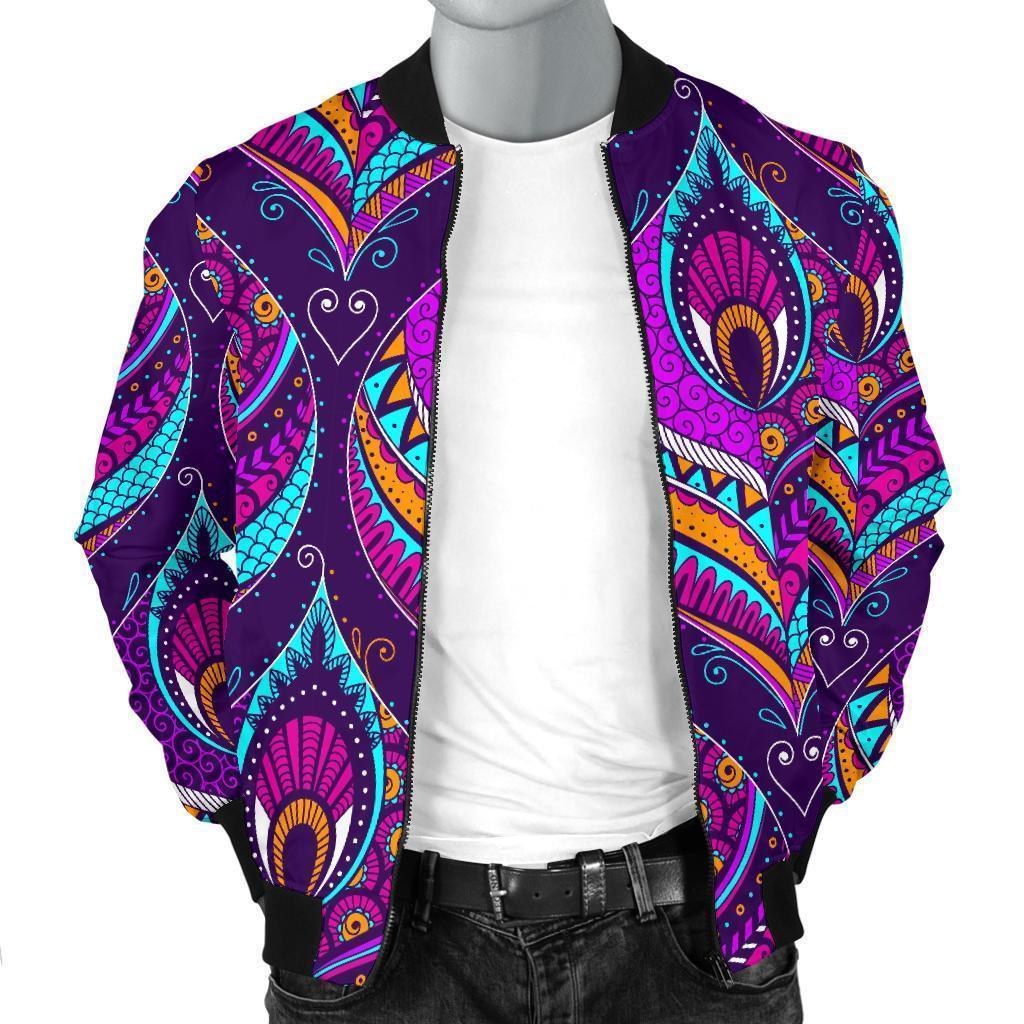 Bohemian Purple Pattern Print Men's Bomber Jacket-grizzshop