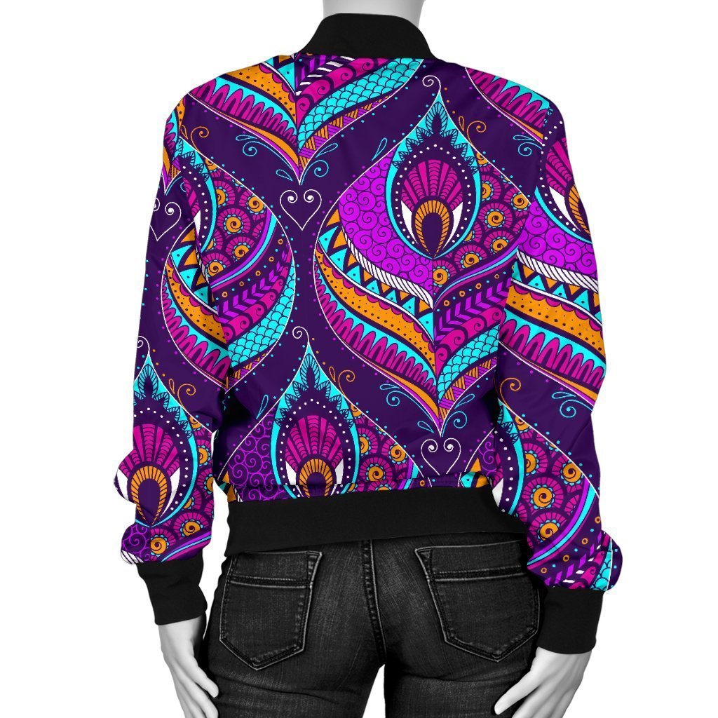 Bohemian Purple Pattern Print Women Casual Bomber Jacket-grizzshop