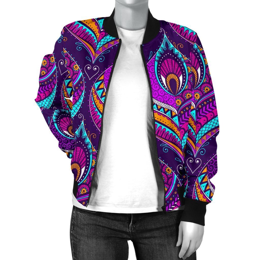 Bohemian Purple Pattern Print Women Casual Bomber Jacket-grizzshop