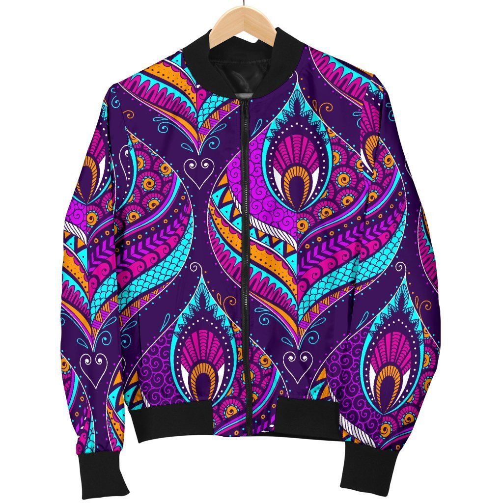Bohemian Purple Pattern Print Women Casual Bomber Jacket-grizzshop