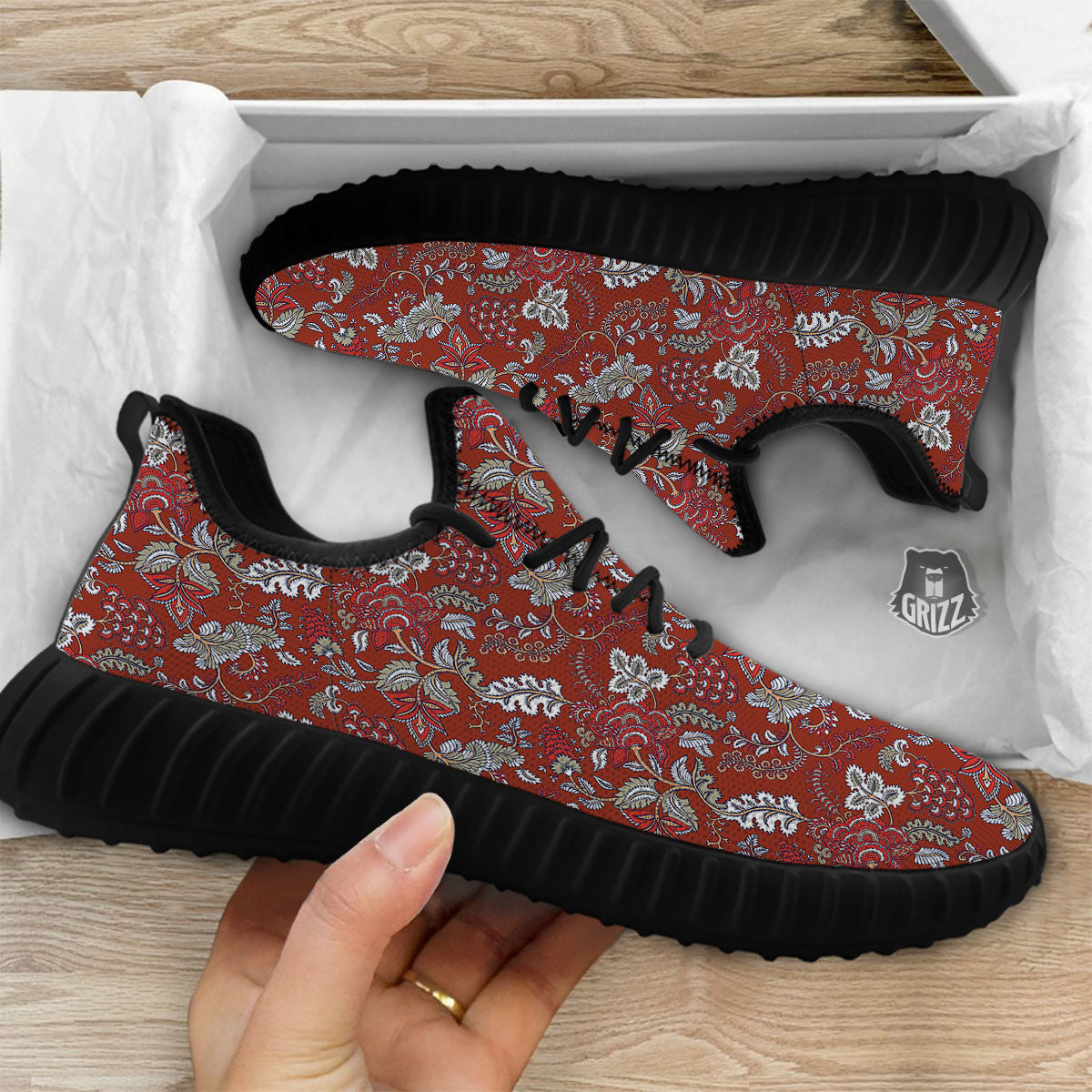 Bohemian Red Floral Print Pattern Black Walking Shoes-grizzshop
