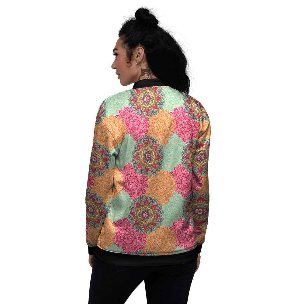 Bohemian Sangria Mandala Print Pattern Women's Bomber Jacket-grizzshop
